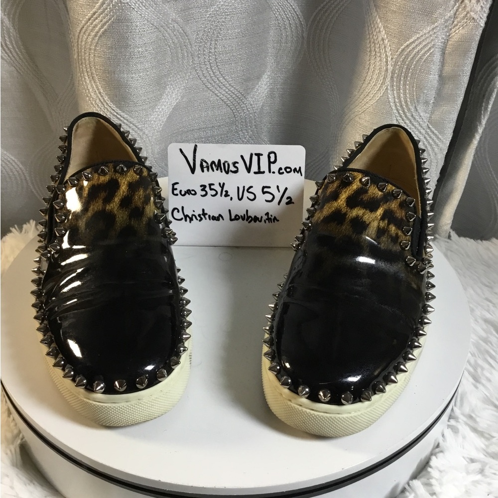 Christian Louboutin Black Patent & Leopard Spike Trim Slip-On Sneakers